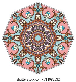 Mandala flower decoration, doodle round ornament, isolated design element on a white background. Vector geometric floral pattern. Tribal ethnic arabic, indian, turkish motif. Colorful abstract art