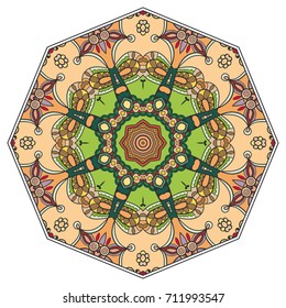 Mandala flower decoration, doodle round ornament, isolated design element on a white background. Vector geometric floral pattern. Tribal ethnic arabic, indian, turkish motif. Colorful abstract art