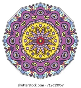 Mandala flower decoration, doodle round ornament, isolated design element on a white background. Vector geometric floral pattern. Tribal ethnic arabic, indian, turkish motif. Colorful abstract art