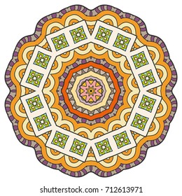 Mandala flower decoration, doodle round ornament, isolated design element on a white background. Vector geometric floral pattern. Tribal ethnic arabic, indian, turkish motif. Colorful abstract art