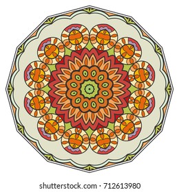 Mandala flower decoration, doodle round ornament, isolated design element on a white background. Vector geometric floral pattern. Tribal ethnic arabic, indian, turkish motif. Colorful abstract art