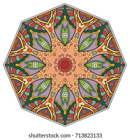 Mandala flower decoration, doodle round ornament, isolated design element on a white background. Vector geometric floral pattern. Tribal ethnic arabic, indian, turkish motif. Colorful abstract art