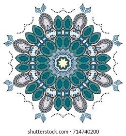 Mandala flower decoration, doodle round ornament, isolated design element on a white background. Vector geometric floral pattern. Tribal ethnic arabic, indian, turkish motif. Colorful abstract art