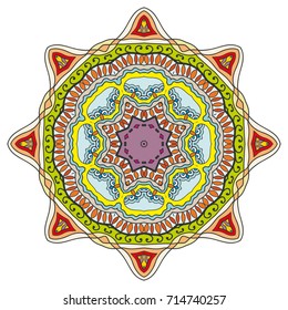Mandala flower decoration, doodle round ornament, isolated design element on a white background. Vector geometric floral pattern. Tribal ethnic arabic, indian, turkish motif. Colorful abstract art