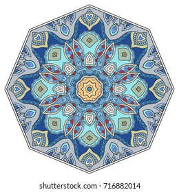 Mandala flower decoration, doodle round ornament, isolated design element on a white background. Vector geometric floral pattern. Tribal ethnic arabic, indian, turkish motif. Colorful abstract art