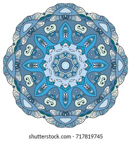 Mandala flower decoration, doodle round ornament, isolated design element on a white background. Vector geometric floral pattern. Tribal ethnic arabic, indian, turkish motif. Colorful abstract art