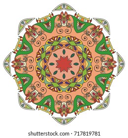 Mandala flower decoration, doodle round ornament, isolated design element on a white background. Vector geometric floral pattern. Tribal ethnic arabic, indian, turkish motif. Colorful abstract art