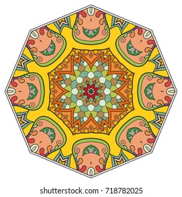 Mandala flower decoration, doodle round ornament, isolated design element on a white background. Vector geometric floral pattern. Tribal ethnic arabic, indian, turkish motif. Colorful abstract art