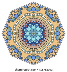 Mandala flower decoration, doodle round ornament, isolated design element on a white background. Vector geometric floral pattern. Tribal ethnic arabic, indian, turkish motif. Colorful abstract art