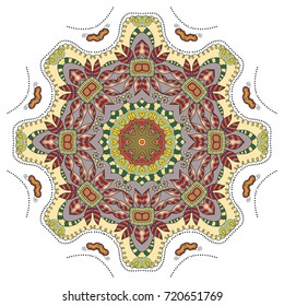 Mandala flower decoration, doodle round ornament, isolated design element on a white background. Vector geometric floral pattern. Tribal ethnic arabic, indian, turkish motif. Colorful abstract art