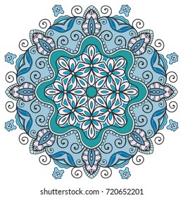 Mandala flower decoration, doodle round ornament, isolated design element on a white background. Vector geometric floral pattern. Tribal ethnic arabic, indian, turkish motif. Colorful abstract art