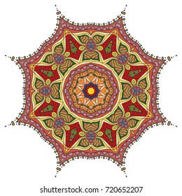 Mandala flower decoration, doodle round ornament, isolated design element on a white background. Vector geometric floral pattern. Tribal ethnic arabic, indian, turkish motif. Colorful abstract art