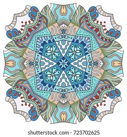 Mandala flower decoration, doodle round ornament, isolated design element on a white background. Vector geometric floral pattern. Tribal ethnic arabic, indian, turkish motif. Colorful abstract art