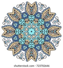 Mandala flower decoration, doodle round ornament, isolated design element on a white background. Vector geometric floral pattern. Tribal ethnic arabic, indian, turkish motif. Colorful abstract art