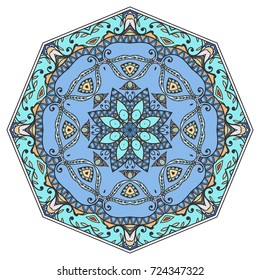 Mandala flower decoration, doodle round ornament, isolated design element on a white background. Vector geometric floral pattern. Tribal ethnic arabic, indian, turkish motif. Colorful abstract art