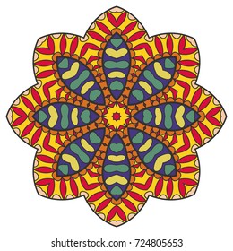 Mandala flower decoration, doodle round ornament, isolated design element on a white background. Vector geometric floral pattern. Tribal ethnic arabic, indian, turkish motif. Colorful abstract art