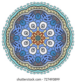 Mandala flower decoration, doodle round ornament, isolated design element on a white background. Vector geometric floral pattern. Tribal ethnic arabic, indian, turkish motif. Colorful abstract art