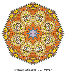 Mandala flower decoration, doodle round ornament, isolated design element on a white background. Vector geometric floral pattern. Tribal ethnic arabic, indian, turkish motif. Colorful abstract art
