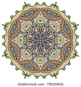Mandala flower decoration, doodle round ornament, isolated design element on a white background. Vector geometric floral pattern. Tribal ethnic arabic, indian, turkish motif. Colorful abstract art