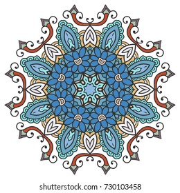 Mandala flower decoration, doodle round ornament, isolated design element on a white background. Vector geometric floral pattern. Tribal ethnic arabic, indian, turkish motif. Colorful abstract art