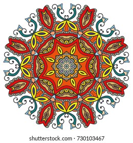Mandala flower decoration, doodle round ornament, isolated design element on a white background. Vector geometric floral pattern. Tribal ethnic arabic, indian, turkish motif. Colorful abstract art
