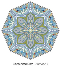 Mandala flower decoration, doodle round ornament, isolated design element on a white background. Vector geometric floral pattern. Tribal ethnic arabic, indian, turkish motif. Colorful abstract art