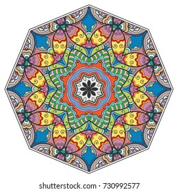 Mandala flower decoration, doodle round ornament, isolated design element on a white background. Vector geometric floral pattern. Tribal ethnic arabic, indian, turkish motif. Colorful abstract art