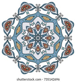 Mandala flower decoration, doodle round ornament, isolated design element on a white background. Vector geometric floral pattern. Tribal ethnic arabic, indian, turkish motif. Colorful abstract art