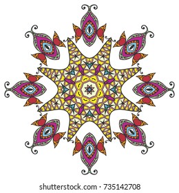 Mandala flower decoration, doodle round ornament, isolated design element on a white background. Vector geometric floral pattern. Tribal ethnic arabic, indian, turkish motif. Colorful abstract art