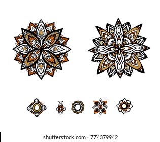 Mandala flower decoration, doodle round ornament, isolated design element on a white background. Vector geometric floral pattern. Tribal ethnic arabic, indian, turkish motif. Colorful abstract art