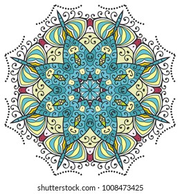 Mandala flower decoration, hand drawn round ornament, isolated design element on a white background. Vector geometric floral pattern. Tribal ethnic fashion motif for paper, textile, cloth fabric print