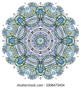 Mandala flower decoration, hand drawn round ornament, isolated design element on a white background. Vector geometric floral pattern. Tribal ethnic fashion motif for paper, textile, cloth fabric print