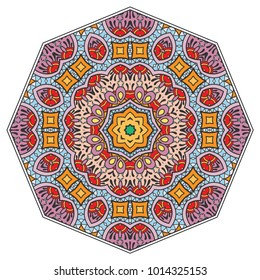 Mandala flower decoration, hand drawn round ornament, isolated design element on a white background. Vector geometric floral pattern. Tribal ethnic fashion motif for paper, textile, cloth fabric print