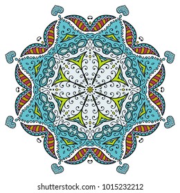 Mandala flower decoration, hand drawn round ornament, isolated design element on a white background. Vector geometric floral pattern. Tribal ethnic fashion motif for paper, textile, cloth fabric print
