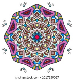 Mandala flower decoration, hand drawn round ornament, isolated design element on a white background. Vector geometric floral pattern. Tribal ethnic fashion motif for paper, textile, cloth fabric print