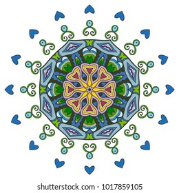 Mandala flower decoration, hand drawn round ornament, isolated design element on a white background. Vector geometric floral pattern. Tribal ethnic fashion motif for paper, textile, cloth fabric print