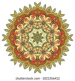 Mandala flower decoration, hand drawn round ornament, isolated design element on a white background. Vector geometric floral pattern. Tribal ethnic fashion motif for paper, textile, cloth fabric print