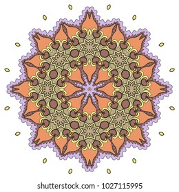 Mandala flower decoration, hand drawn round ornament, isolated design element on a white background. Vector geometric floral pattern. Tribal ethnic fashion motif for paper, textile, cloth fabric print