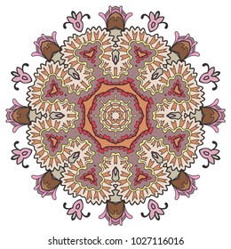 Mandala flower decoration, hand drawn round ornament, isolated design element on a white background. Vector geometric floral pattern. Tribal ethnic fashion motif for paper, textile, cloth fabric print