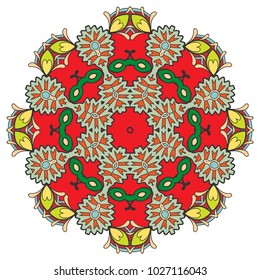 Mandala flower decoration, hand drawn round ornament, isolated design element on a white background. Vector geometric floral pattern. Tribal ethnic fashion motif for paper, textile, cloth fabric print