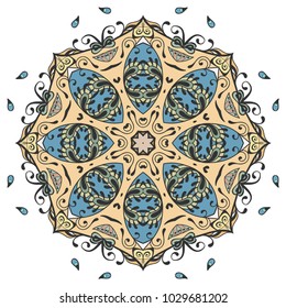 Mandala flower decoration, hand drawn round ornament, isolated design element on a white background. Vector geometric floral pattern. Tribal ethnic fashion motif for paper, textile, cloth fabric print