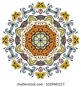 Mandala flower decoration, hand drawn round ornament, isolated design element on a white background. Vector geometric floral pattern. Tribal ethnic fashion motif for paper, textile, cloth fabric print
