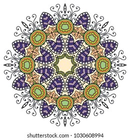 Mandala flower decoration, hand drawn round ornament, isolated design element on a white background. Vector geometric floral pattern. Tribal ethnic fashion motif for paper, textile, cloth fabric print