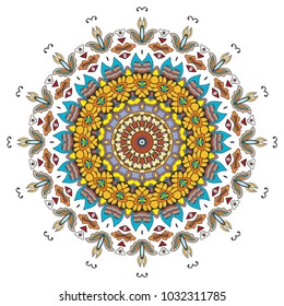 Mandala flower decoration, hand drawn round ornament, isolated design element on a white background. Vector geometric floral pattern. Tribal ethnic fashion motif for paper, textile, cloth fabric print