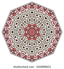 Mandala flower decoration, hand drawn round ornament, isolated design element on a white background. Vector geometric floral pattern. Tribal ethnic fashion motif for paper, textile, cloth fabric print