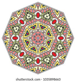 Mandala flower decoration, hand drawn round ornament, isolated design element on a white background. Vector geometric floral pattern. Tribal ethnic fashion motif for paper, textile, cloth fabric print