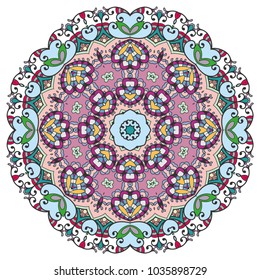 Mandala flower decoration, hand drawn round ornament, isolated design element on a white background. Vector geometric floral pattern. Tribal ethnic fashion motif for paper, textile, cloth fabric print