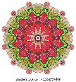 Mandala flower decoration, hand drawn round ornament, isolated design element on a white background. Vector geometric floral pattern. Tribal ethnic fashion motif for paper, textile, cloth fabric print