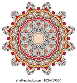 Mandala flower decoration, hand drawn round ornament, isolated design element on a white background. Vector geometric floral pattern. Tribal ethnic fashion motif for paper, textile, cloth fabric print