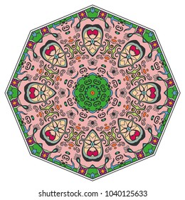 Mandala flower decoration, hand drawn round ornament, isolated design element on a white background. Vector geometric floral pattern. Tribal ethnic fashion motif for paper, textile, cloth fabric print